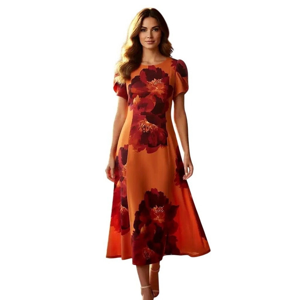 Calvin Klein $149 Orange Floral Puff Sleeve Midi Dress CD8CH1TC Size 6 NWT